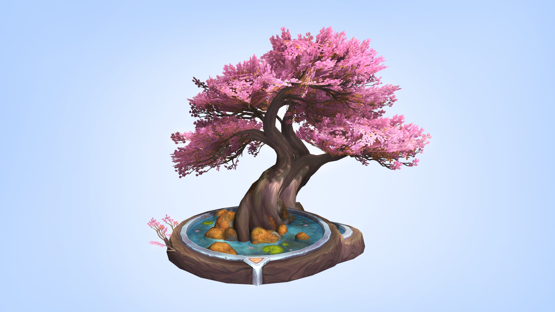 Estanque con árbol de flor primaveral