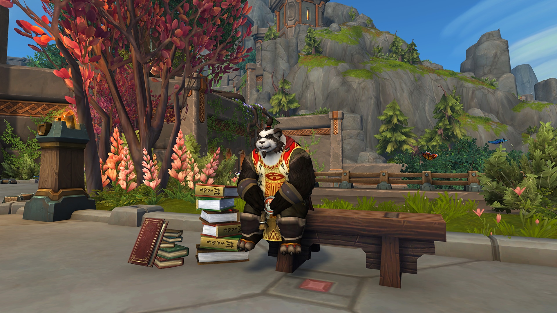 Un pandaren sentado en un banco mira al espectador con un montón de libros a su lado