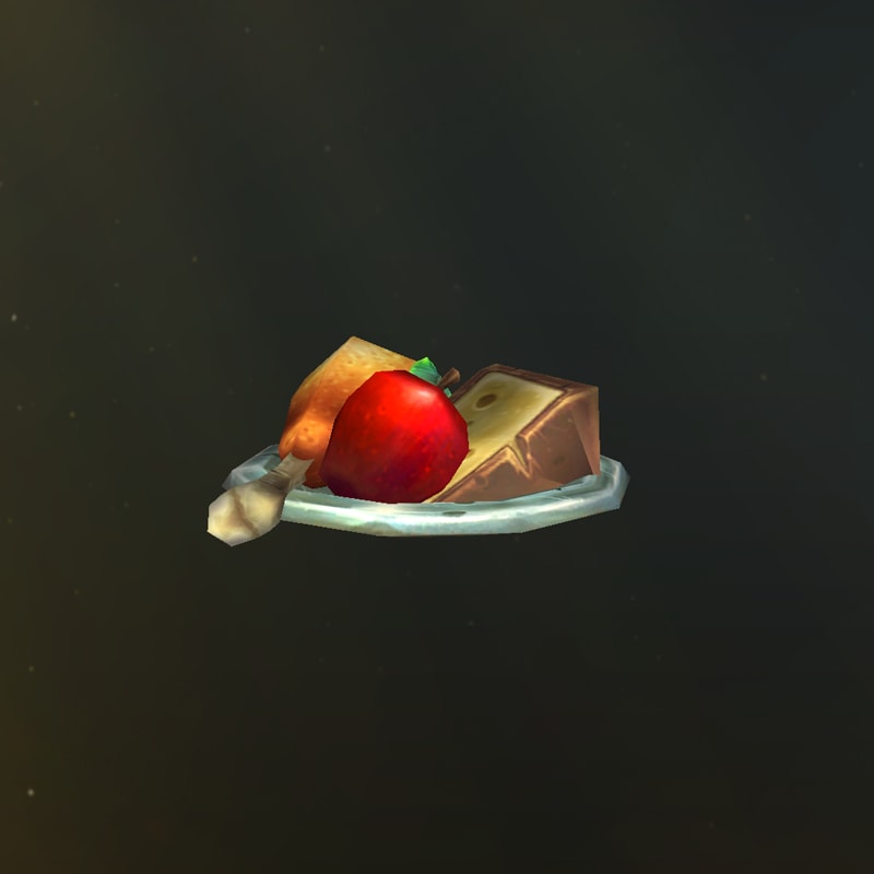 Un plato con una pata de pollo, una manzana, una cuña de queso y una cuchara