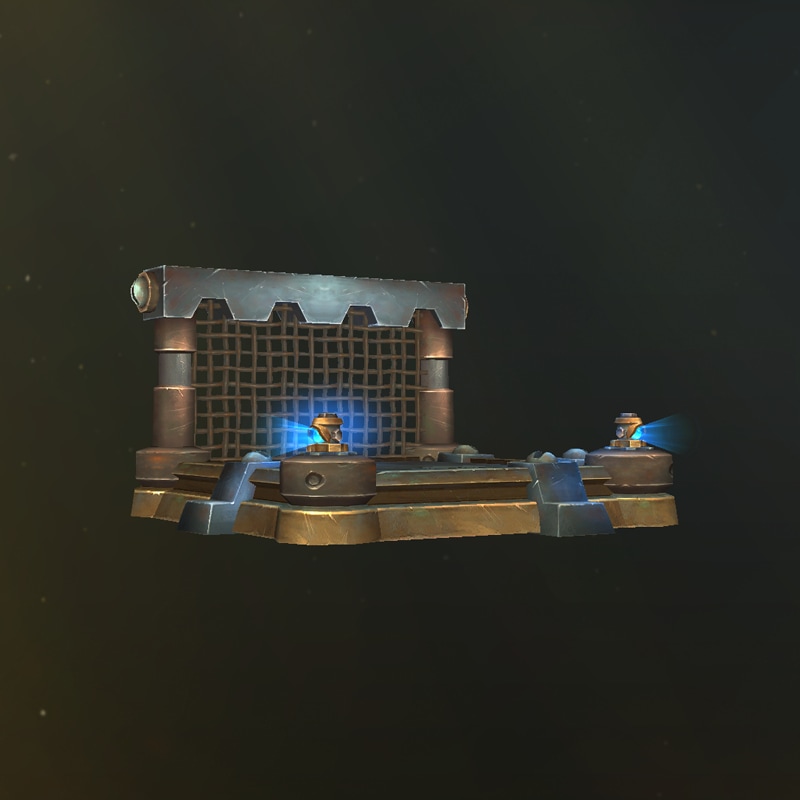 Una plataforma mecánica con un respaldo de malla de alambre y luces azules acopladas en la esquina de uno de los extremos