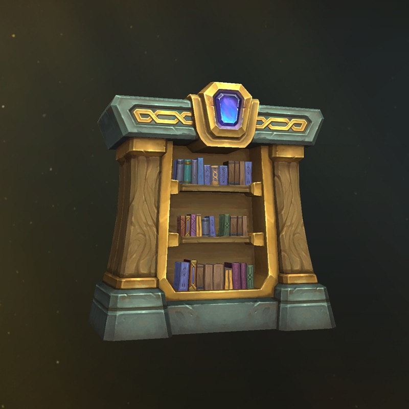 Estantería con adornos labrados en oro y gris azulado con libros y una enorme gema azul en la parte superior central de la cornisa