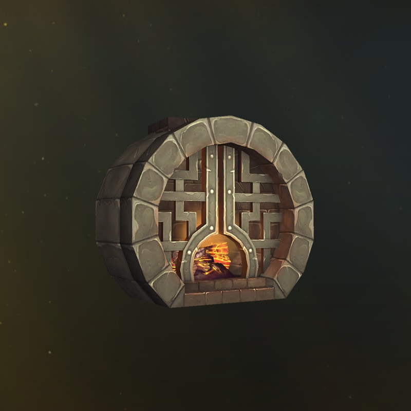 Una chimenea redonda con una rejilla ornamentada y fuego en su interior