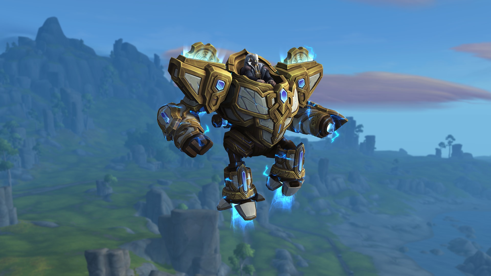 Robot dorado y plateado con detalles azules
