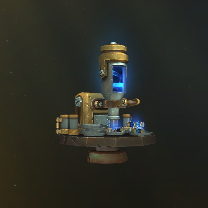 Una máquina redonda parecida a una cinta transportadora de color dorado y azul brillante, con montones de platos y tornillos encima