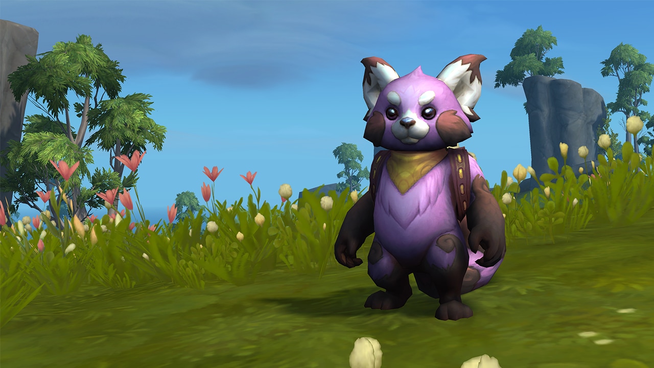 Un panda morado en un campo de flores
