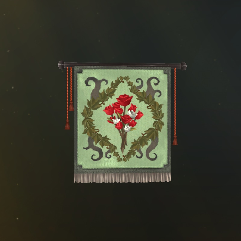 Un tapiz bordado con hiedra verde, rosas rojas y zarzas alrededor de los bordes